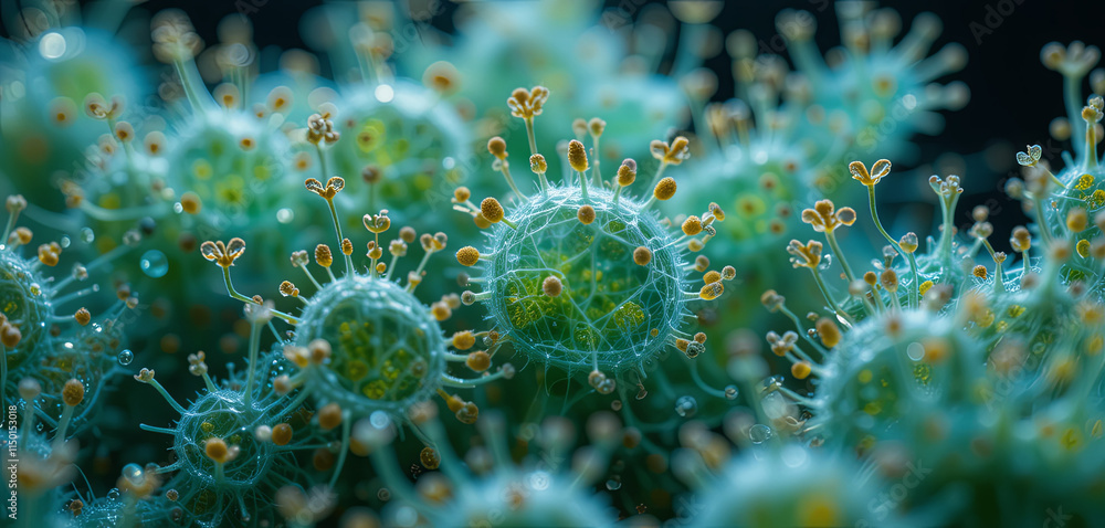 Poster lush green moss showcases intricate structures, featuring tiny orange-colored tips. this macro view 