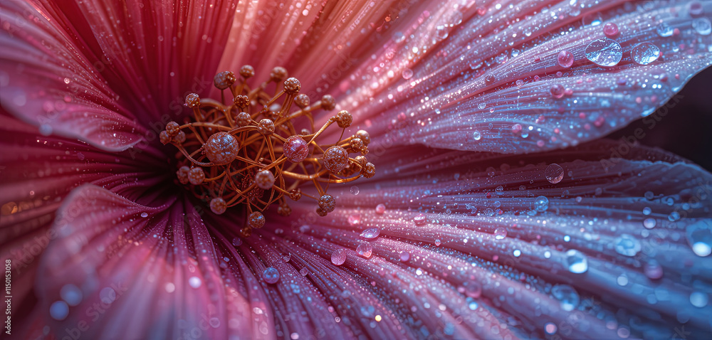 Poster a close-up view of a pink flower reveals an array of shimmering dew drops resting on its petals. the