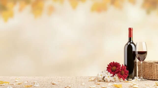 Romantic picnic setup with wine and flowers for a wedding theme