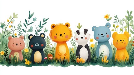 Naklejka premium Adorable animal friends in a floral garden.