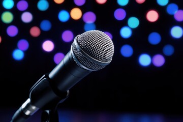 Obraz premium Close-Up of Microphone Against Colorful Blurred Background Lights