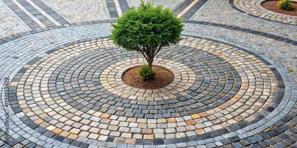 Aufkleber serene garden scene featuring a young tree planted in the center of a meticulously designed circular