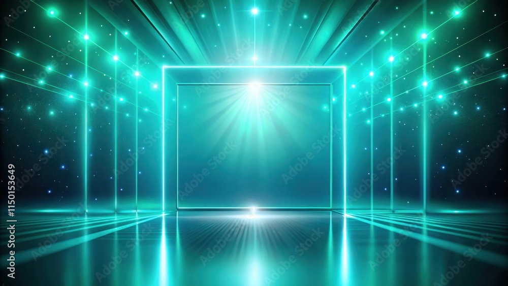 Poster luminous teal portal futuristic stage with glowing lines and square frame