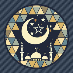 A circular illustration featuring a crescent moon and star over a mosque with geometric patterns in the background