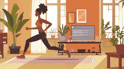 An engaging home workout, with a person following an online fitness routine using minimal equipment,