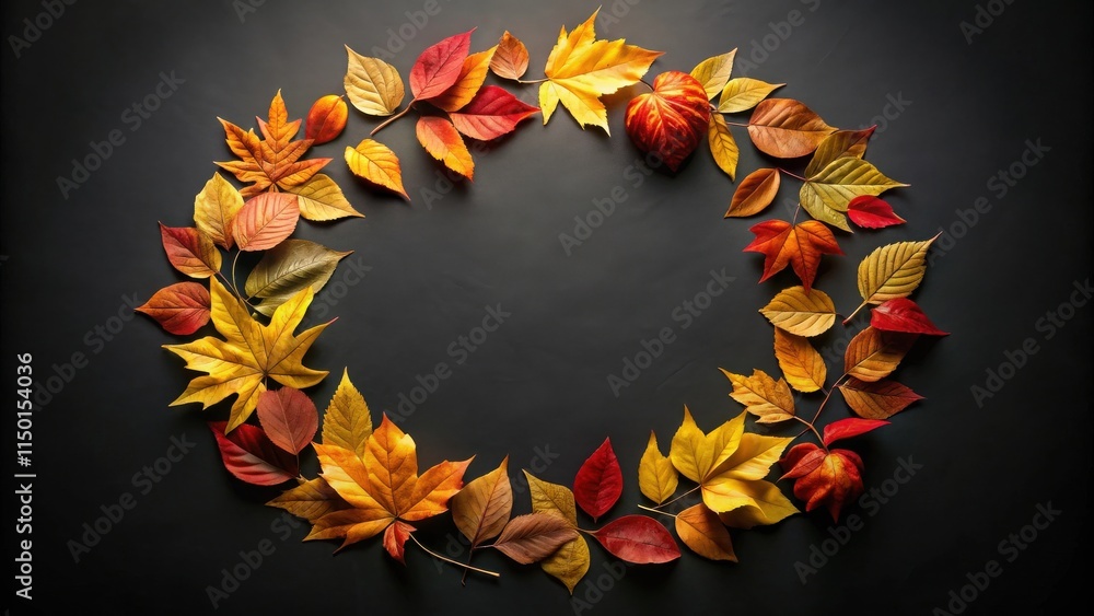 Poster autumnal foliage arranged in a circular frame on a dark background