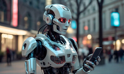 Fototapeta premium Robots and people in everyday life,Mobile communication,The concept of future technology