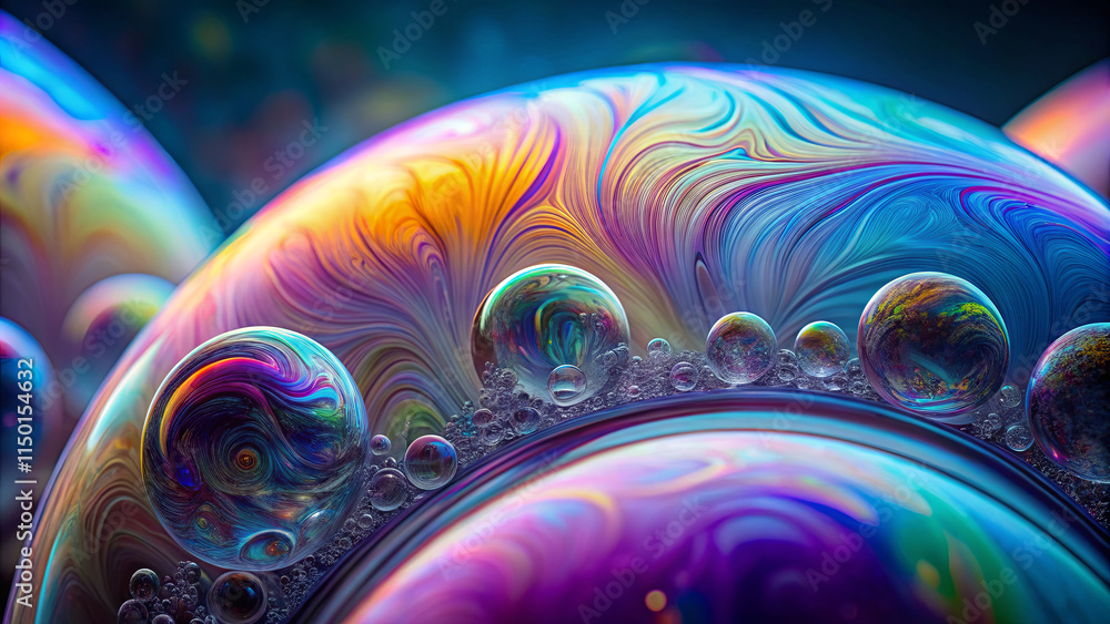 Poster swirling patterns of color are visible on soap bubbles, reflecting vibrant hues of blue, purple, and