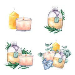 Rosemary and eucalyptus sprigs and glass bottle with liquid, oil and candles. Set of Watercolor isolated compositions, illustrations on background. For design, logos, decor, menu, printing
