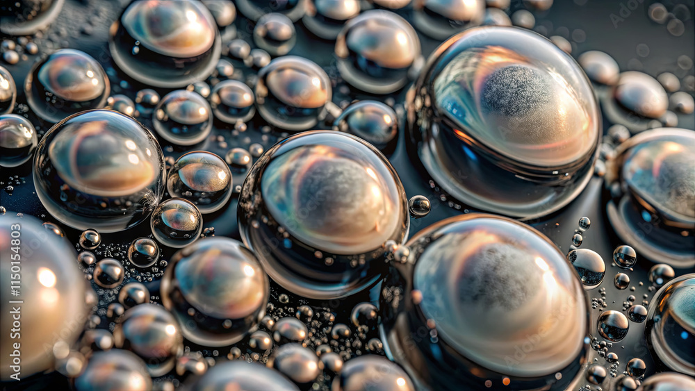 Poster round bubbles of various sizes are clustered on a dark surface, reflecting bright, iridescent colors