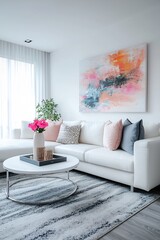 Fototapeta premium Bright and Airy Contemporary Living Room with Abstract Wall Art