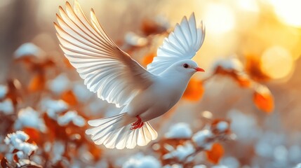 Obraz premium White dove in flight, wings spread wide, backlit by warm sunset light amidst autumnal foliage.