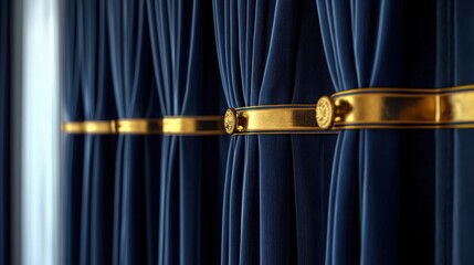 Elegant blue curtains with golden accents in an upscale interior setting