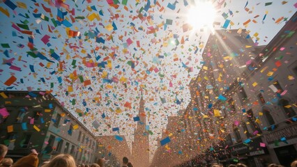 Fototapeta premium Colorful confetti showering over city street festival.