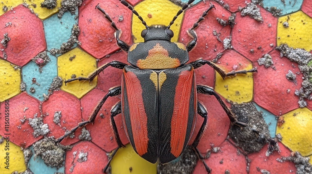 Poster close-up of a vibrant red and black beetle on a colorful hexagonal surface.