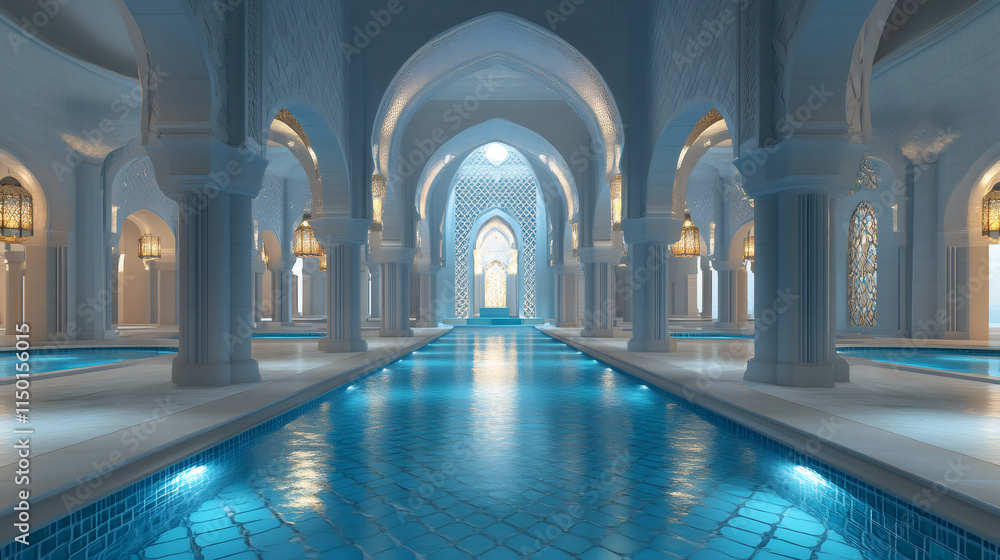 Poster tranquil ramadan scene: clear water flows through a beautiful mosque, setting a serene atmosphere fo
