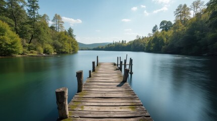 Obraz premium Rustic Wooden Dock Extending into Calm Lake