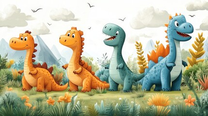 Obraz premium Three friendly dinosaurs in a prehistoric landscape.