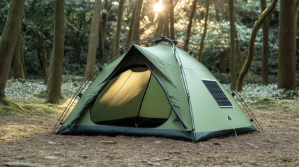 Eco-Friendly Camping Tent in Tranquil Forest Setting with Sunlight Filtering Through Trees, Perfect for Outdoor Adventures and Nature Escapes