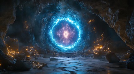 Glowing portal in a dark cave.
