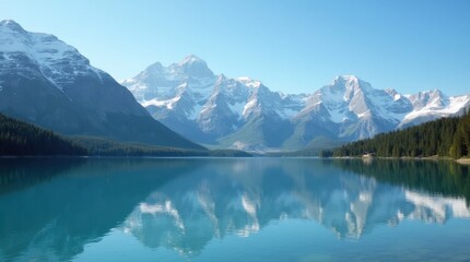 Fototapeta premium Serene Mountain Lake with Snow-Capped Peaks and Blue Sky Reflection
