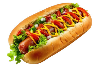 Hot Dog with Mustard, Ketchup, and Fresh Toppings on a Black Background. Food Photography.