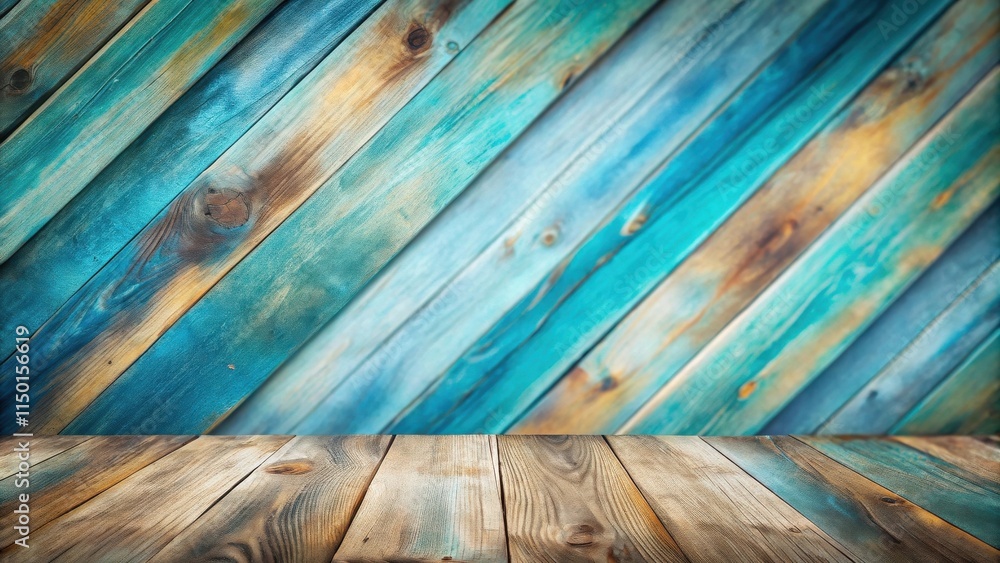 Poster Rustic Wooden Background with Diagonal Planks and Empty Tabletop