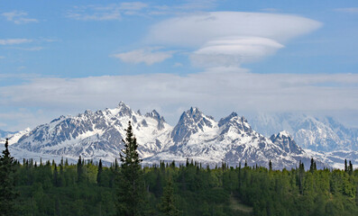 View of Mount Foraker and other mountains in the Alaska Range, Denali National Park, Alaska USA
