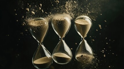 Sand falling in the three hourglass, concept of time running out, time flies