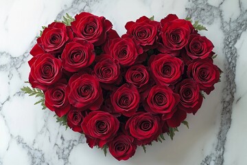 Heart-shaped arrangement of red roses on a marble surface for romantic occasions. Generative AI
