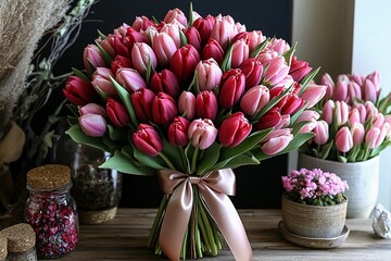 Obraz premium Beautiful bouquet of pink and red tulips arranged elegantly in a modern setting. Generative AI