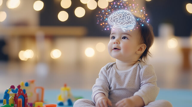 Baby's First Brain: A cute baby sits on the floor surrounded by colorful toys, with a sparkling brain illustration above their head, symbolizing the boundless potential of childhood.  