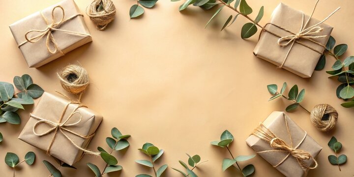 Eco-Friendly Gift Wrapping Flat Lay with Rustic Twine and Eucalyptus Branches