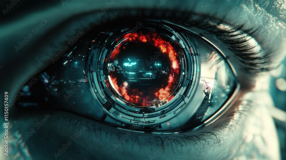 Poster intricate robotic eye with futuristic design showcasing vivid colors and digital patterns, represent