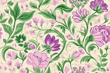 A delicate floral design with detailed flowers and leaves in soft shades of green, and lavender