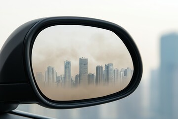 PM2.5 dust risk concept. A blurred city skyline is reflected in a car's side mirror, highlighting urban life and the contrast of the environment.