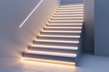 A modern home staircase illuminated by cool white LED strips running along the steps, casting