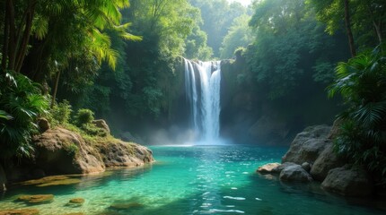 Naklejka premium Tropical Rainforest Waterfall Cascading over Rocks