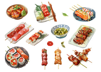 Yakitori Japanese Skewers Food Watercolor Illustration. isolated white background