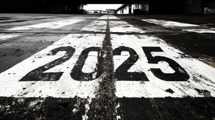 A Ground-Level Perspective of a Large Number 2025 Painted on a Weathered Concrete Surface with Industrial Surroundings in a Dimly Lit Environment