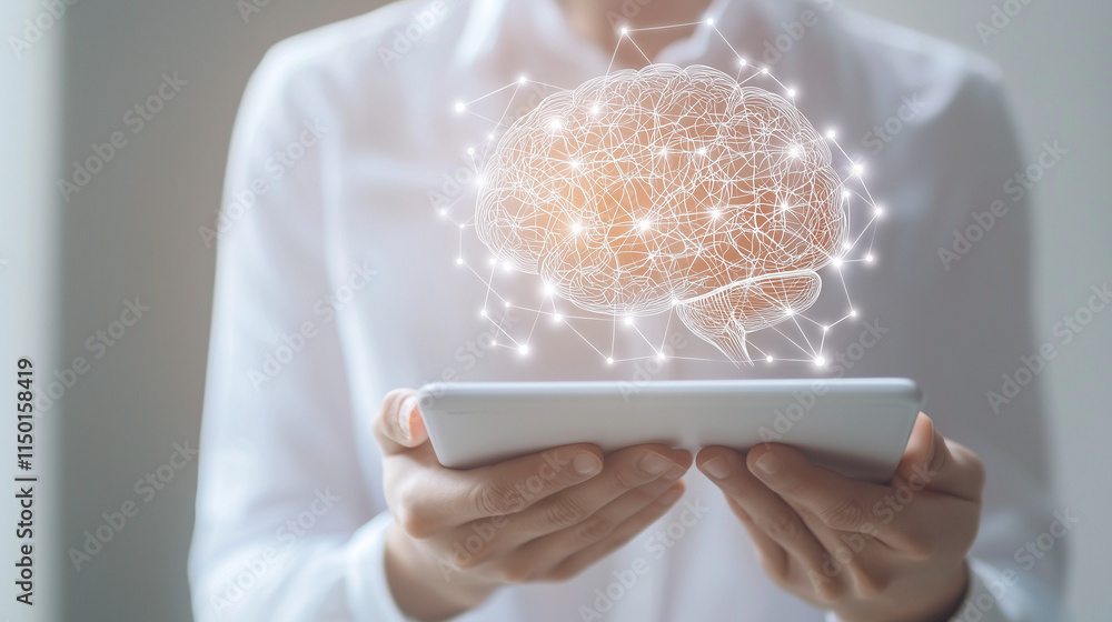 Poster digital brainpower: a person holds a tablet displaying a glowing, interconnected neural network, sym