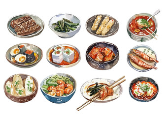 Japanese Food Watercolor Illustration Set. isolated white background