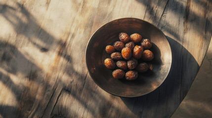Sunlit dates displayed in a metal bowl on a rustic wooden table, representing a ramadan custom