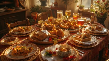 Fototapeta premium Luxurious golden holiday dinner table with festive decor.
