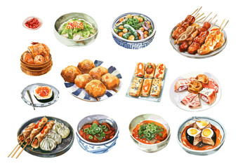 Asian Food Watercolor Illustration Collection. isolated white background