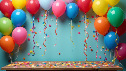 Festive carnival frame of balloons, streamers, and confetti around a rustic table with joyful ambiance.

