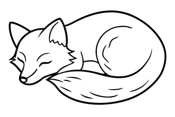 A black and white drawing of a fox curled up
