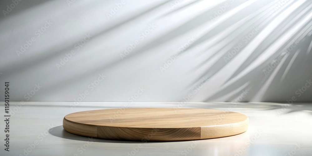 Poster Minimalist wooden round display platform against a light wall with shadow patterns