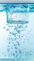 PM2.5 dust risk concept. A clear ice cube floats in water, surrounded by bubbles, creating a refreshing and tranquil aquatic scene.