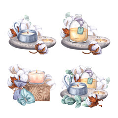 Cotton bolls and eucalyptus branches and glass bottle with oil and candles. Set of Watercolor painted isolated compositions, illustrations on background. For design, logos, decor, menu, printing.